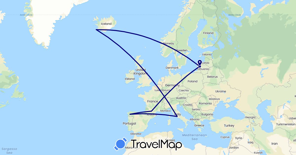 TravelMap itinerary: driving in Spain, France, Iceland, Italy, Lithuania (Europe)